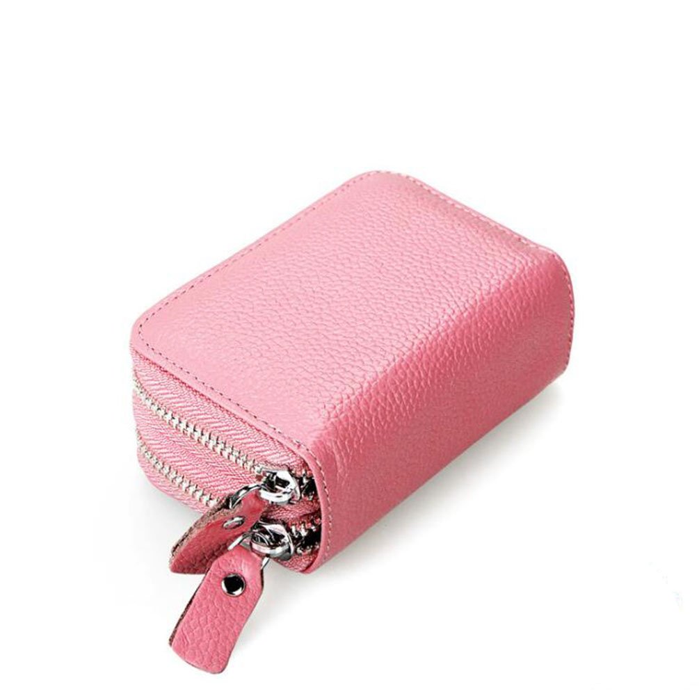 AprinCtempsD RFID Blocking Women's Credit Card Holder Genuine Leather Ladies Small Coin Purse Men's Mini Card Wallet with Double Zipper (Pink)