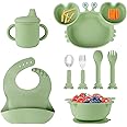 Silicone Baby Feeding Set with BPA-Free Suction Plates, Bowl, Silicone Bibs, Sippy Cup, 2 Set Forks and Spoons for Babies 8PCS Baby Led Weaning Supplies Self Feeding Utensils for Toddlers Kids (Green)