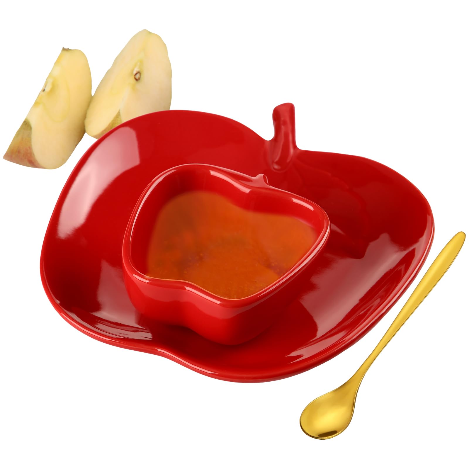 Photo 1 of Sieral 3 Pcs Rosh Hashanah Apple Shaped Honey Dish Set with Ceramic Apple Plate, Honey Bowl and Gold Honey Spoon for Jewish New Year Judaica Gift Decorations Hostess Party Favors, Shana Tova Holiday
