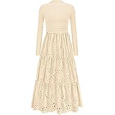 PRETTYGARDEN Long Sleeve Maxi Dress for Women 2026 Fall Eyelet A Line Elegant Classy Flowy Mock Neck Spring Vacation Dresses