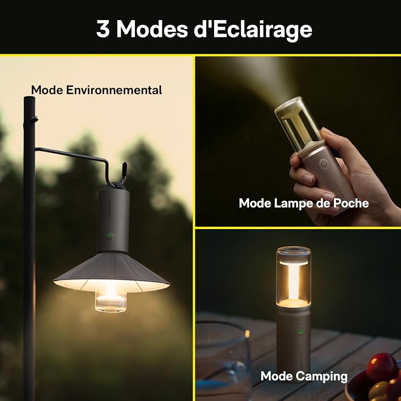 Lanterne Camping Rechargeable IPX6 étanche, abat-jour détachable