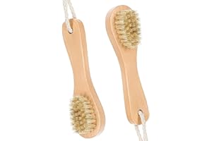 Fokmuaex 2-Pack Wooden Dry Brush for Body and Face, Natural Boar Bristle Exfoliating Scrubber for Dry Skin Brushing, Gentle F