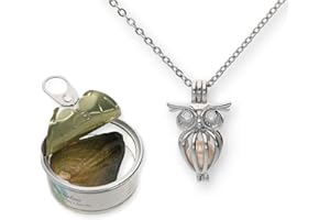 Pearlina Owl Cultured Pearl in Oyster Necklace Set Silver-tone Cage w/Stainless Steel Chain 18"