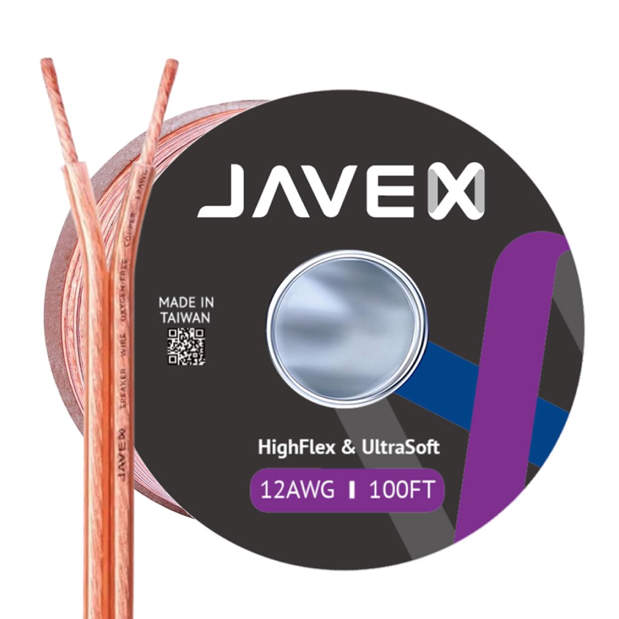 JAVEX Speaker Wire 12-Gauge [3.38mm2] [0.16mm Strands Oxygen-Free Copper 99.9%] Stranded Copper, Flat Cable, Cable for Hi-Fi Systems, Amplifiers, AV receivers and Car Audio Systems, 30.5M