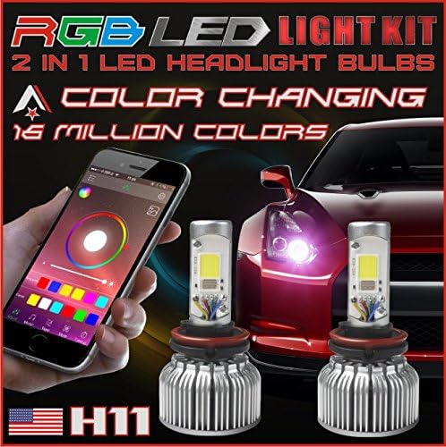 2 in1 RGB LED Headlight Bulb Kit - Smartphone App-Controled Bluetooth RGB Demon Eye + LED Headlight Color Changing Strobe & Music feature (H11)