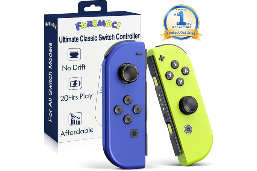 FAREMOCI Switch Controllers,Wireless Joy Remote Cons with Hall Effect Joystick No Drift Controles Compatible with Switch 1 OLED Lite,HD Rumble Gyro Motion,Wake Up,No NFC,Blue Yellow
