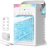 Mini Evaporative Cooler, Mist Fan Portable Air Conditioners, White | 2 Mist Modes, 4 Wind Speeds, 1100 ML Water Tank, 2/4/6H Timer, Colorful Light Table Fan for Room Office Car