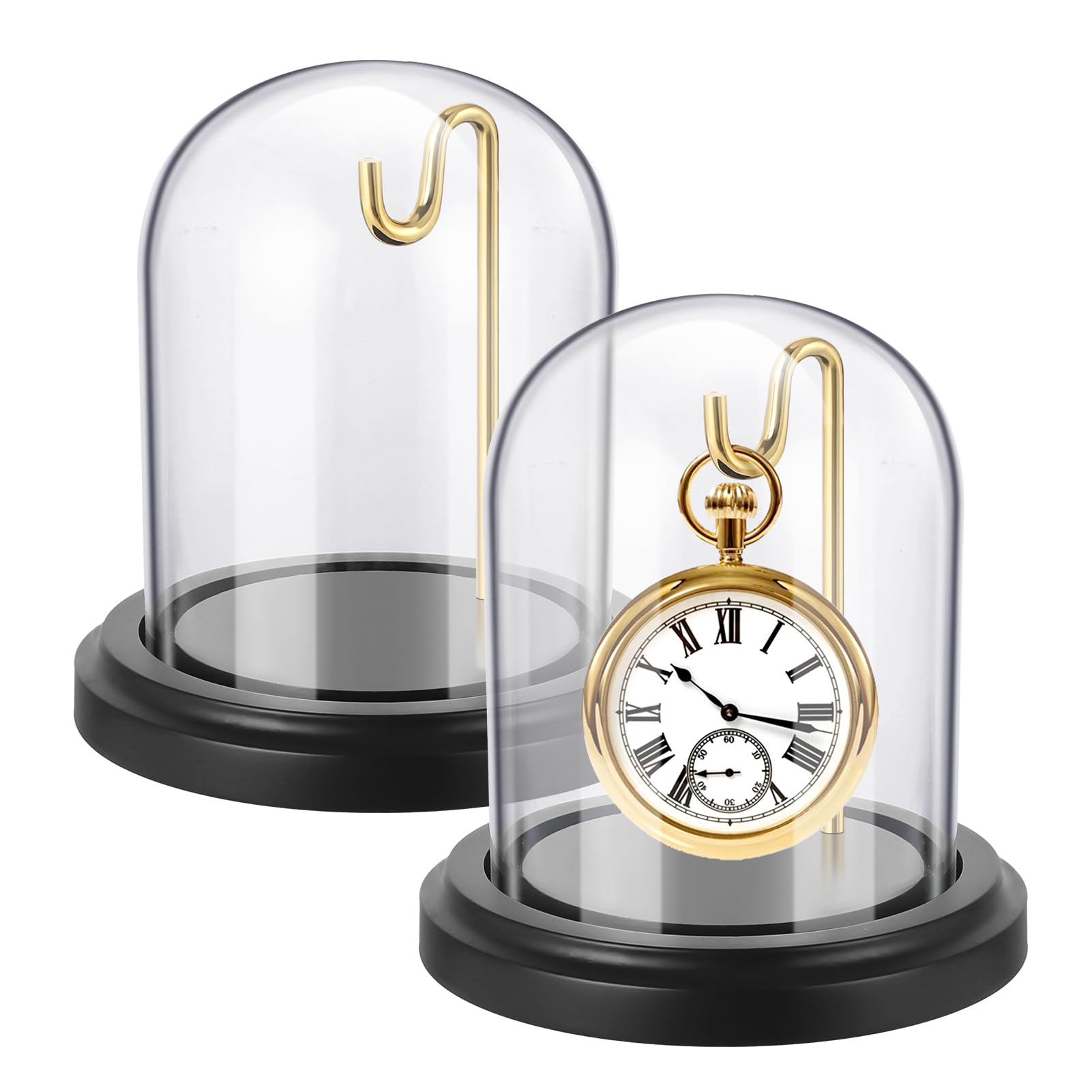 Photo 1 of 2 Pcs Pocket Watch Display Case with Hooks 3" x 4" Watch Ornament Glass Display Glass Dome Cloche with Wood Base Decorative Glass Display Dome Cloche for Watch Medals?Black?