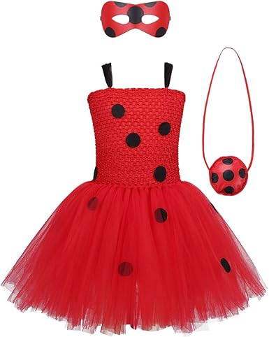 Yizyif Enfant Fille Déguisement Coccinelle Miraculeuse Body Robe à Pois Combinaison Manche Longue Et Masque Sac Costume Noël Carnaval Anniversaire