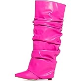 Yishaweiqi Slouched Ruched Fold Over Boots for Women Covered Wedge Heel Patent Leather Knee High Boots Wide Calf Pointed Toe Casual Boots