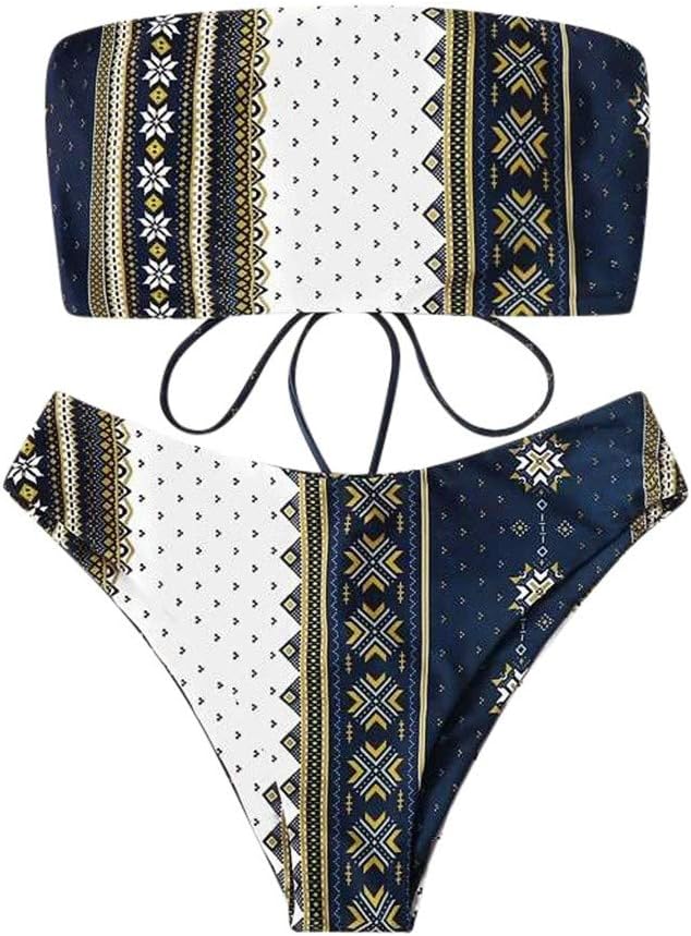 Alangbudu Women Lace-Up Tie Knot Back Bandeau Bathing Suit High Waisted High Cut Ethnic Style Printed Bikini Set