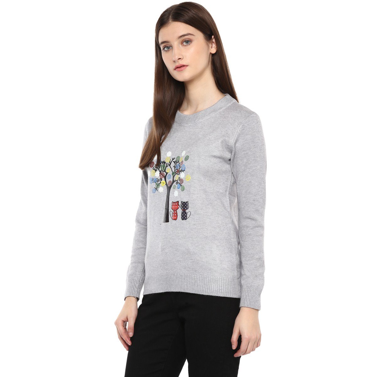 camey women's fashion stretchy round neck grey long sleeve pullovers sweaters top