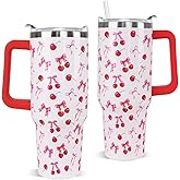Nqhsionv Cherry Gifts 40oz Bow Cherry Tumbler Polka Bow Coffee Travel Mugs Insulated Cup with Handle and Straw Bows Gifts for Women
