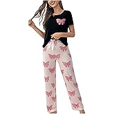 SweatyRocks Women's Lounge Sets Bow Graphic Short Sleeve Tee and Pants 2 Piece Pajama Set