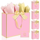 Ethhqu 5Pack Elegant Large Gift Bags with Handles, 12.6x10x4 Inches - Set Includes Tissue Paper & Cards for Birthday, Baby Shower, Wedding, Anniversary, Christmas & Holiday Gifts (5Pcs Pink with Gold Rim)