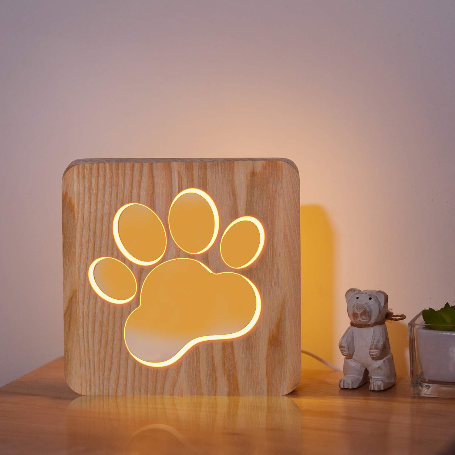 CooPark Wooden Dog Night Light, Dog Paw Shape LED Lamp, Rechargeable Bedroom Bedside Table Decor for Children Kid, Cute Puppy Footprint Nightlight, Christmas Birthday Gift for Animal Lovers Pet Owners