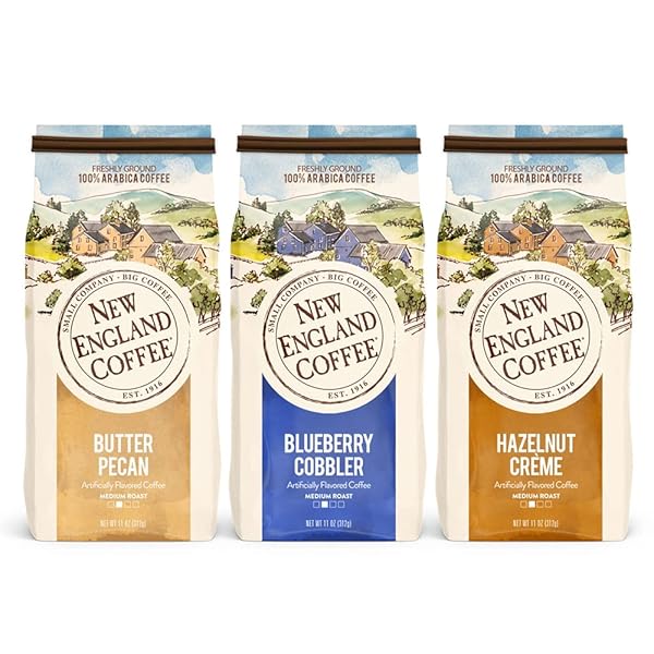 NEW ENGLAND COFFEE VARIETY PACK – BUTTER PECAN/BLUEBERRY COBBLER/HAZELNUT CREME, 11OZ BAG (PACK OF 3)