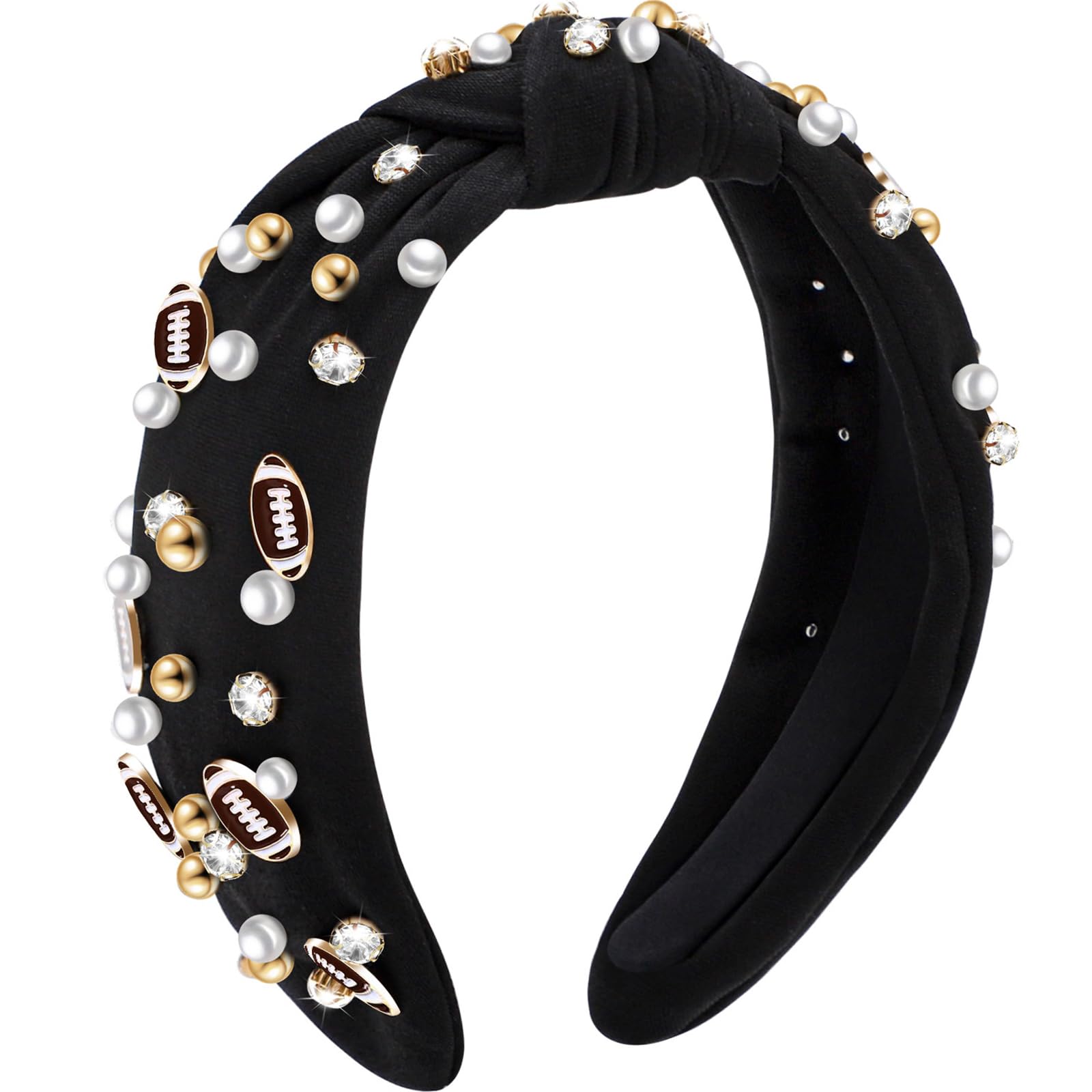 WantGor Pearl Knotted Headband, Women Rhinestone Embellished Hairband Elegant Wide Top Knot Bride Headbands Headpieces Party Fashion Elegant Ladies Hair Band Hair Hoop Accessories (Football Black) — image 1
