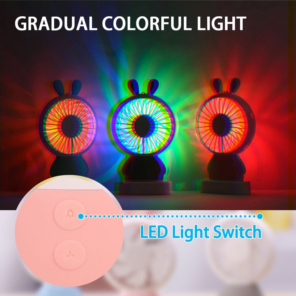 Rye-Tech Mini Handheld Fan, Personal Portable Rechargeable Fan with Color LED light 2 Adjustable Speeds Standing Base for House Travel Camping and Children Gifts - Pink Bear