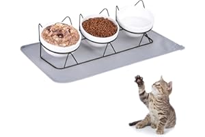 Trosetry 3 Pack Cat Bowls, Ceramic Raised Cat Food Bowl with Pet Food Mat Elevated 15°Tilted Kitten Drink Bowl Gold Stand for Food and Water Anti Vomiting Dish for Indoor Cats Puppy Small Dogs