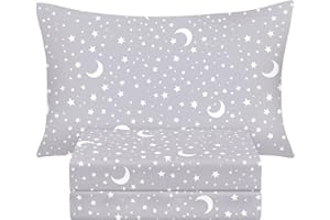 BYSURE Twin Sheets Set Kids(Moon&Stars, Light Grey), 3 Pieces Easy Fit Deep Pocket Sheets Set, Breathable Wrinkle-Free Microfiber Bedding for Children