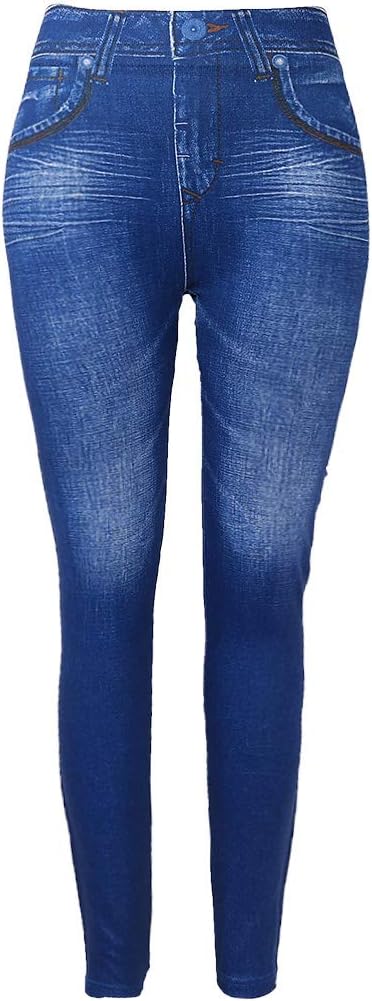 Women Fleece Lined Winter Jeggings Seamless Faux Jeans Denim Slim Pencil Pants with