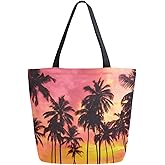 Chic Extra Large Shoulder Grocery Tote Bag, 3d Beautiful Tropical Sunset Beach Palm Trees Print Canvas Reusable Handle Bags for Men Women Gym Weekender Picnic Beach Travel Home Storage Market Shopping