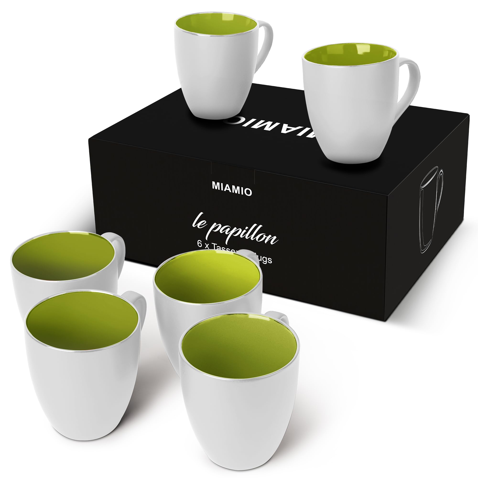 MIAMIO - Set of 6 Coffee Mugs 350 ml – Modern Ceramic Coffee Cup Set in White Green – Large Coffee Cups for Coffee, Tea and Cappuccino – Dishwasher and Microwave Safe