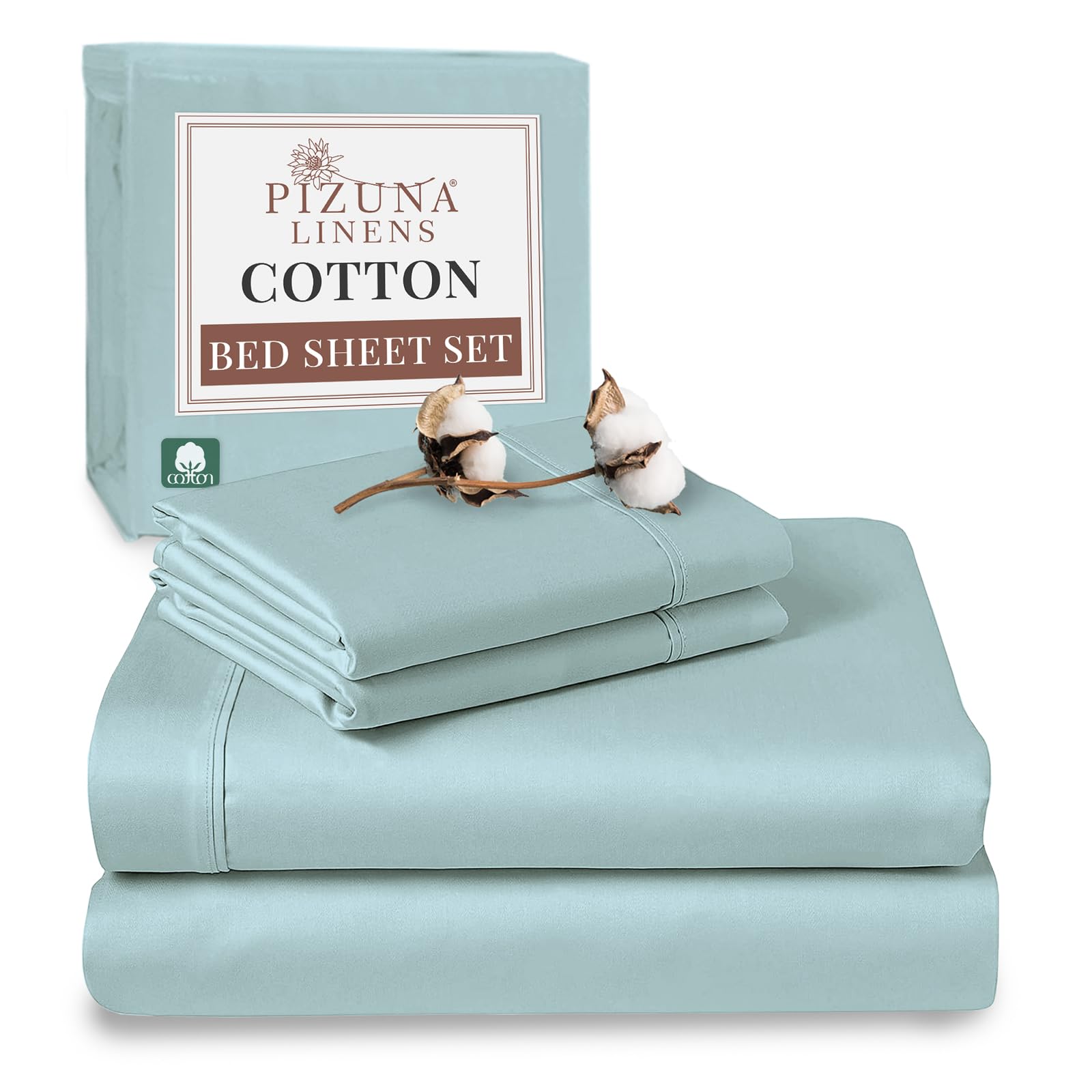 Pizuna 100% Cotton King Size Sheet Set Baby Blue, 400 Thead Count Long Staple Cotton Bedding Set 275x280 cm, Soft Sateen 4 PC King Bed Sheet Set -Fitted Sheet, Flat Sheet & 2 Pillowcases