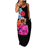 Fussangshu Women's Summer Maxi Dress Long Dress Casual Boho Sleeveless Strap Smocked Tiered Long Beach Sun Dresses