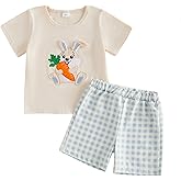 Yuufuniy Toddler Baby Boy Easter Outfit Bunny Embroidered Short Sleeve T-Shirt Tops Plaid Shorts 2pcs Set Cute Infant Clothes
