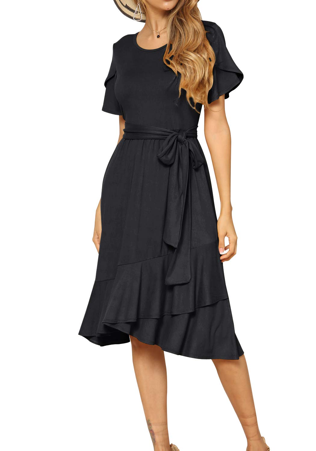 levaca women's plain casual flowy short sleeve midi dress with belt