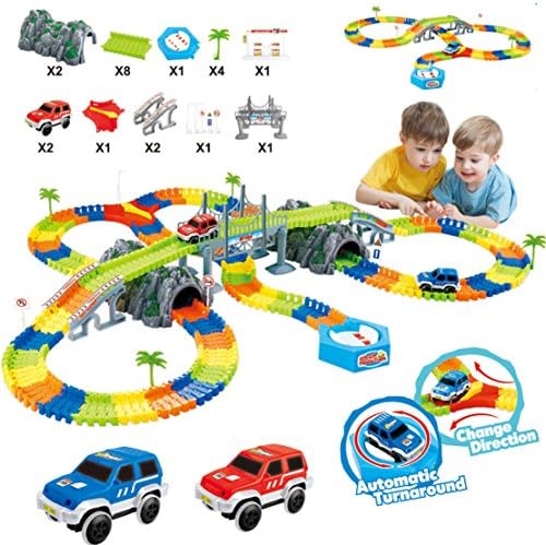 Race Rail Car Track Toy Set for Kids Birthday and Christmas Gift Age 3, 4, 5, Flexible Track with Light Up LED Battery Operated Car, Trees and Bridge Included 240 Pieces