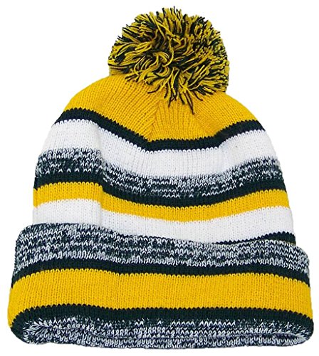 Best Winter Hats Quality Striped Variegated Cuffed Cap W/Large Pom (One Size) - Dark Green/Gold