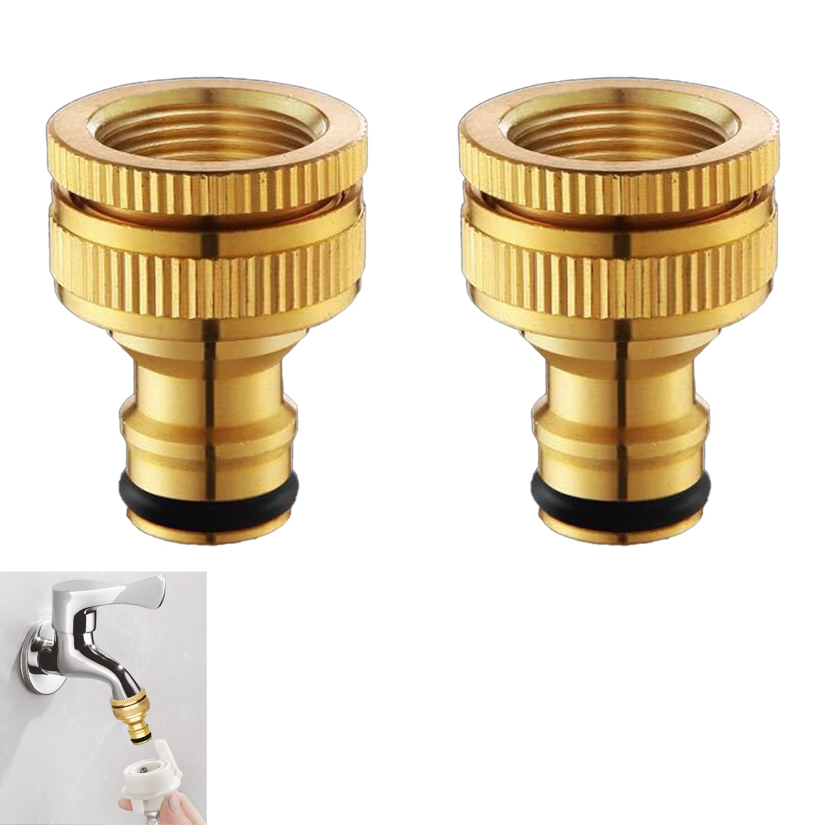 2 Pcs Brass Tap Hose Connector,Garden Hose Pipe Connector Metal,Outside Tap Hose Adapter Attachments,3/4 & 1/2 Inch 2-in-1 Threaded Connectors,for Kitchen Faucet Outdoor Gardena Tool Hosepipe Fittings