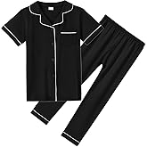 Aablexema Unisex Kids Pajamas Set Cotton Short Sleeve Sleepwear Button-Down and Pant Set for 5-13y