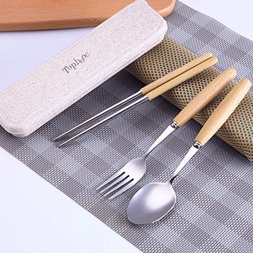 Portable Flatware Set, Travel Camping Cutlery Set, Knife Spoon Chopsticks Set, Portable Travel Silverware Dinnerware UtensilSet with a Waterproof Organizer box (1 set beachwood set)
