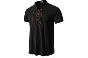 JEMITOP Men's Pure Cotton Vintage Short Sleeve Lace Up Shirts for Renaissance Pirate Viking Medieval Costume