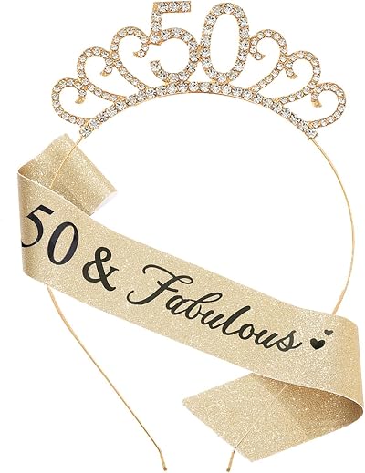 MIOSJI 50th Birthday Sash and Crystal Tiara Crown for Women Party Decorations