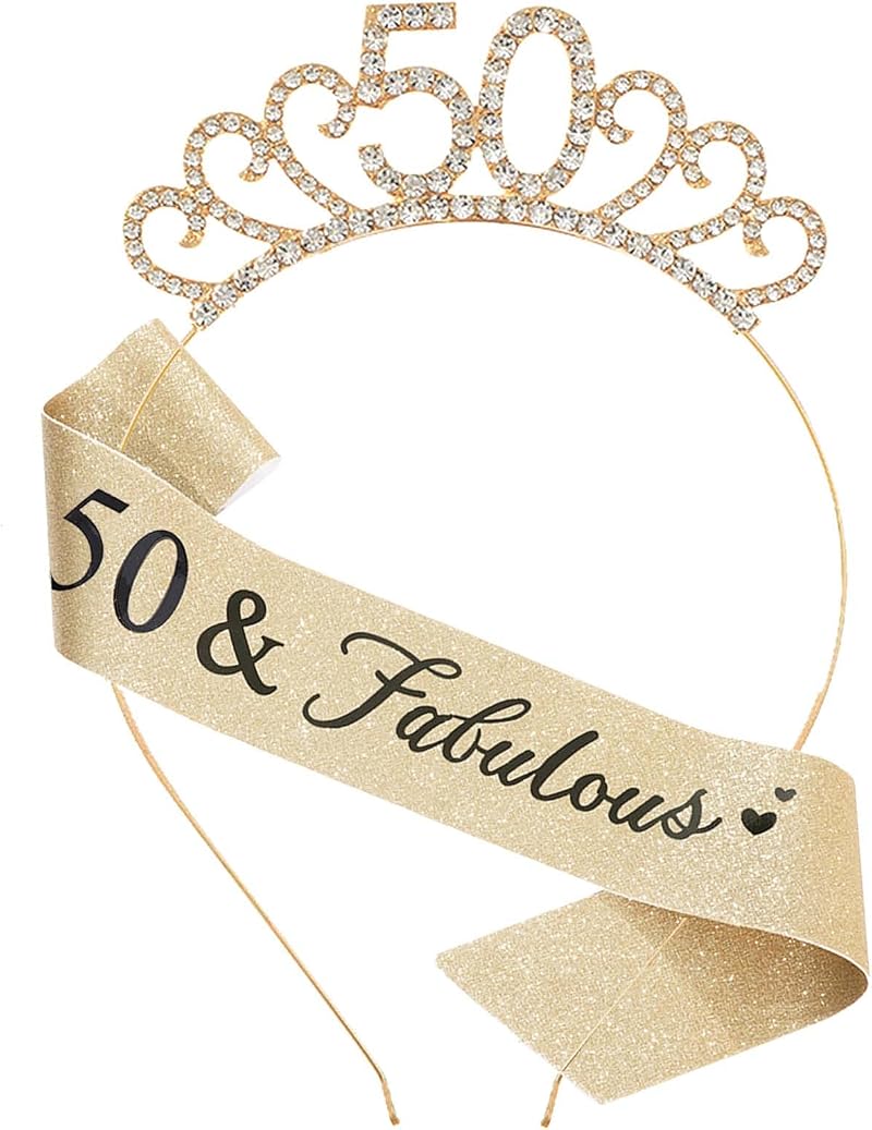 MIOSJI 50th Birthday Sash and Crystal Tiara Crown for Women Party Decorations