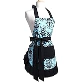 G2PLUS Mothers Aprons for Women with Pockets, Extra Long Ties, Vintage Damask Apron, Perfect for Kitchen Cooking, Baking and