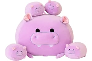 SQEQE Hippo Plush Pillow Cute Hippo Stuffed Animals with 4 Baby Hippo Plushies in Her Tummy, Soft Cotton Plushie Animal Pillow Gifts for Kids(Purple)
