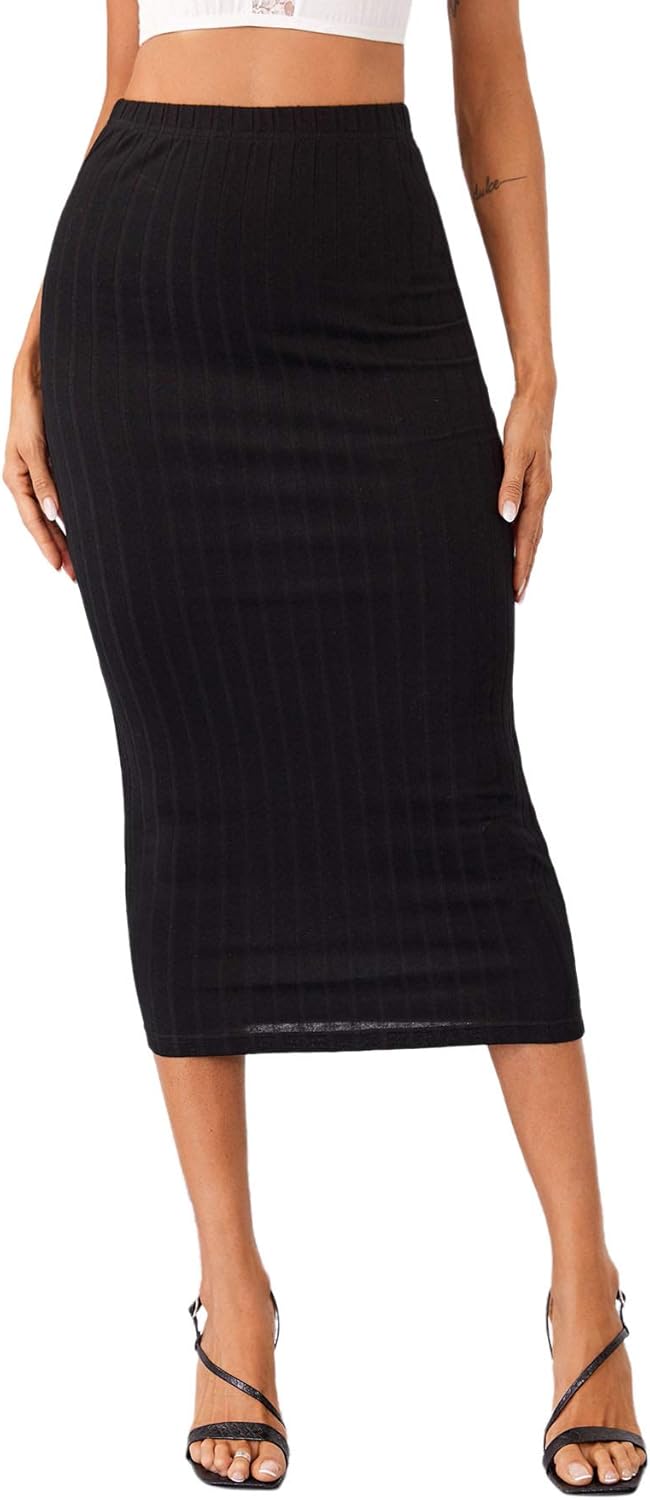 MakeMeChic Women's Solid Basic Below Knee Stretchy Pencil Skirt at  Women’s Clothing store