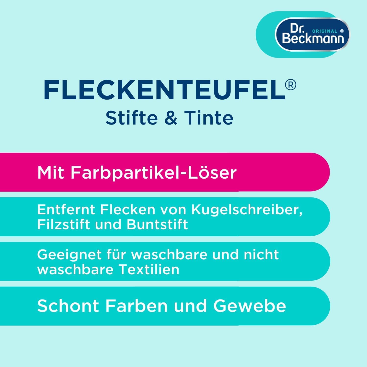 Dr. Beckmann Fleckenteufel Stifte & Tinte | Spezialfleckentferner gegen Kugelschreiber-Flecken, Tinten-Flecken u.v.m. | 50 ml 3