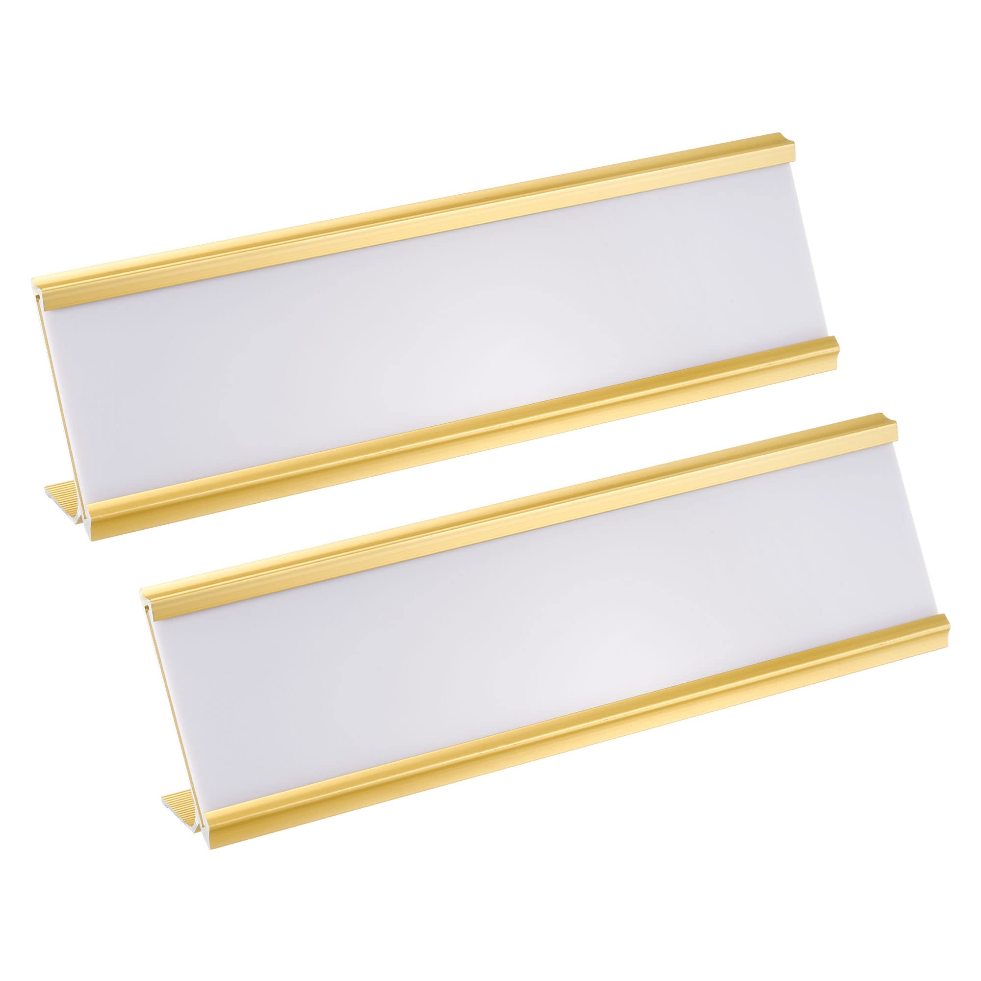 PATIKIL 2 x 7.8inch Aluminum Name Plate Holder, 2Pcs L Type with White Blank Engraved Name Plate for Desk Office Business Door Sign Holder Gold Tone
