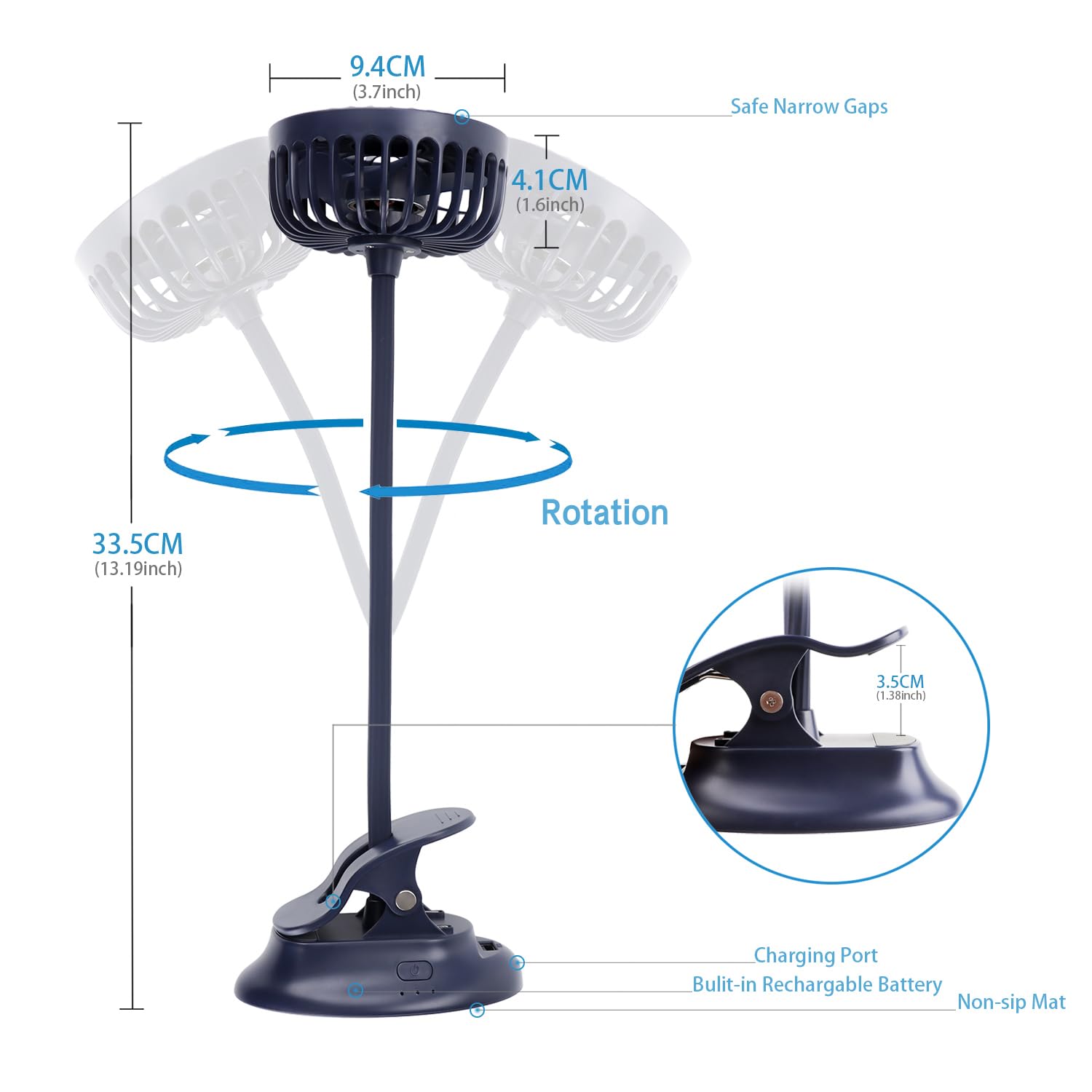Clip on Small Mini Fan, Portable Usb Battery Operated Rechargeable Quiet Personal Desk/ Baby Stroller Fan 3 Speeds Flexible Neck Great for Bed Office Car Dorm Travel Camping Beach