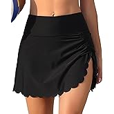 ANFILIA Women's High Waisted Swim Skirt Bottoms Ruched Scallop Trim Bathing Suit Skirts Split Tankini Swimsuit Bottom