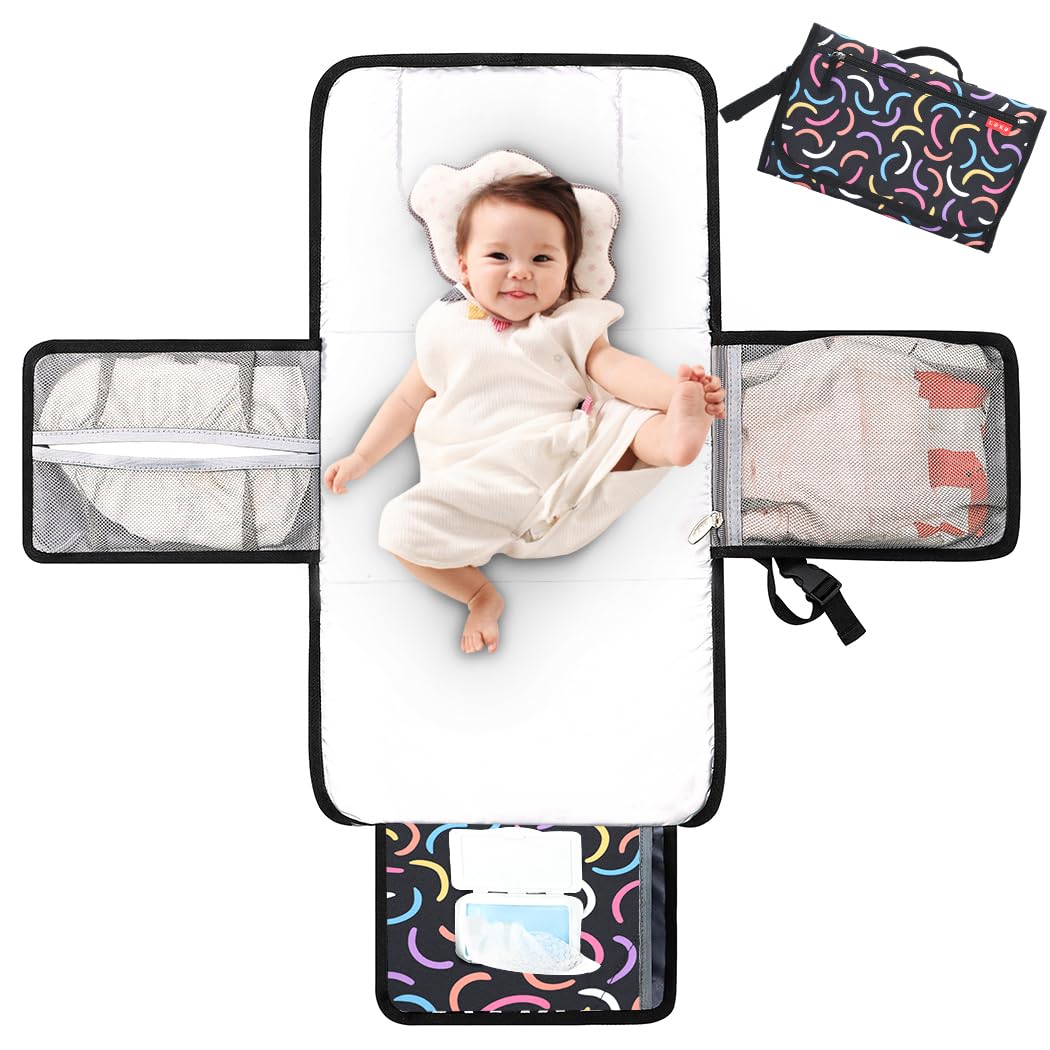 Lekebaby Portable Nappy Changing Mat Travel Baby Change Mat with Wipe-Pocket and Head Cushion, Color Bar
