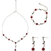 Qulkws 3 Pack Red Rose Jewelry Set Vintage Rose Flower Necklace Pendant Bracelet Dangle Earrings for Women Wedding Prom Valentine Birthday Mother Day Gift