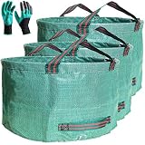 Professional 3-Pack 63 Gallons Lawn Garden Bags (D31, H19 inches) Reusable Yard Waste Bag with Gardening Gloves - Patio Standable Bag,Leaf Bag,Trash Containers,Plant Clippings Bag with 4 Handles